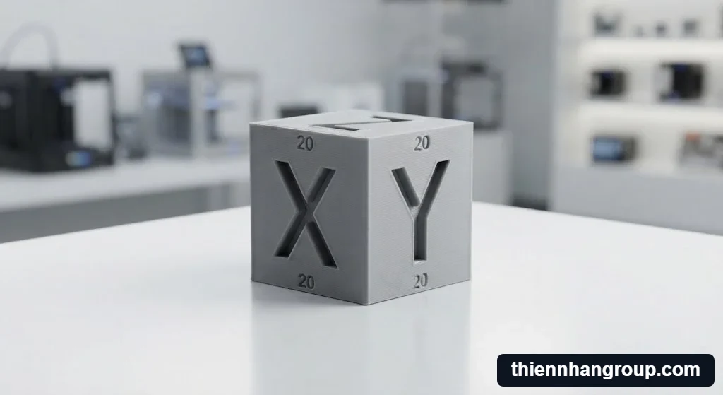 Khối calibration cube dùng để làm gì trong in ấn 3D chuyên nghiệp tại showroom hiện đại