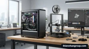 Góc làm việc hiện đại giải đáp thắc mắc có cần máy tính mạnh để in 3d không tại xưởng kỹ thuật.
