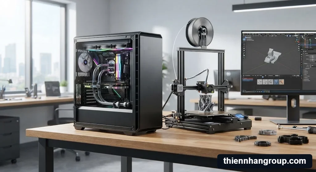 Góc làm việc hiện đại giải đáp thắc mắc có cần máy tính mạnh để in 3d không tại xưởng kỹ thuật.