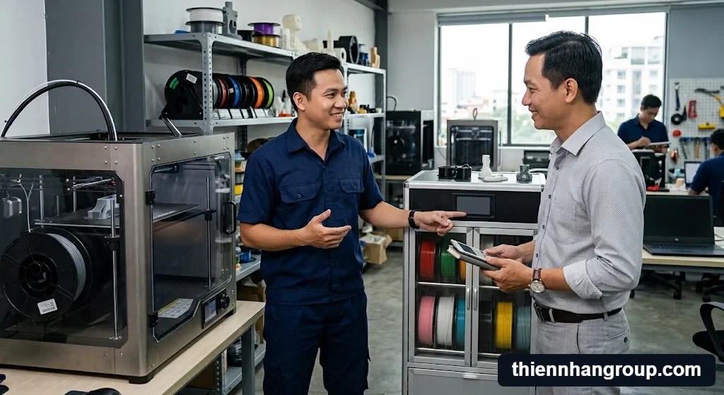Chuyên gia Thiên Nhân Group tư vấn độ ẩm ảnh hưởng in 3d như thế nào cho khách hàng.