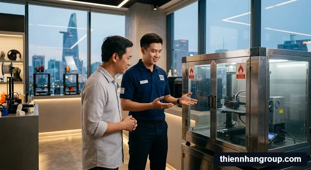 Kỹ thuật viên tư vấn giải pháp phòng tránh máy in 3d có nguy cơ cháy không.