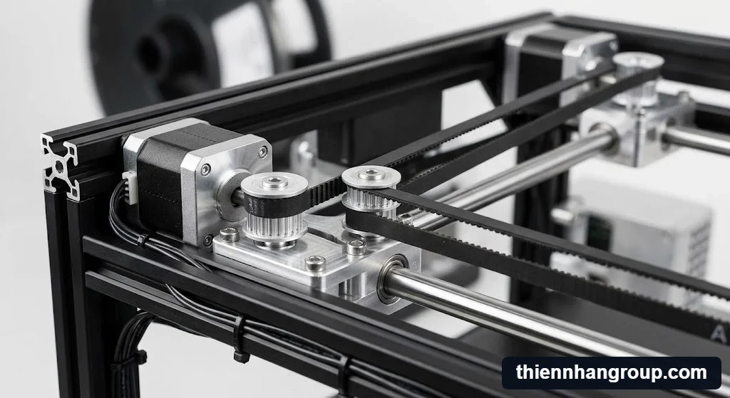 Chi tiết cơ học và đai kép giải thích nguyên lý máy in 3d corexy là gì.