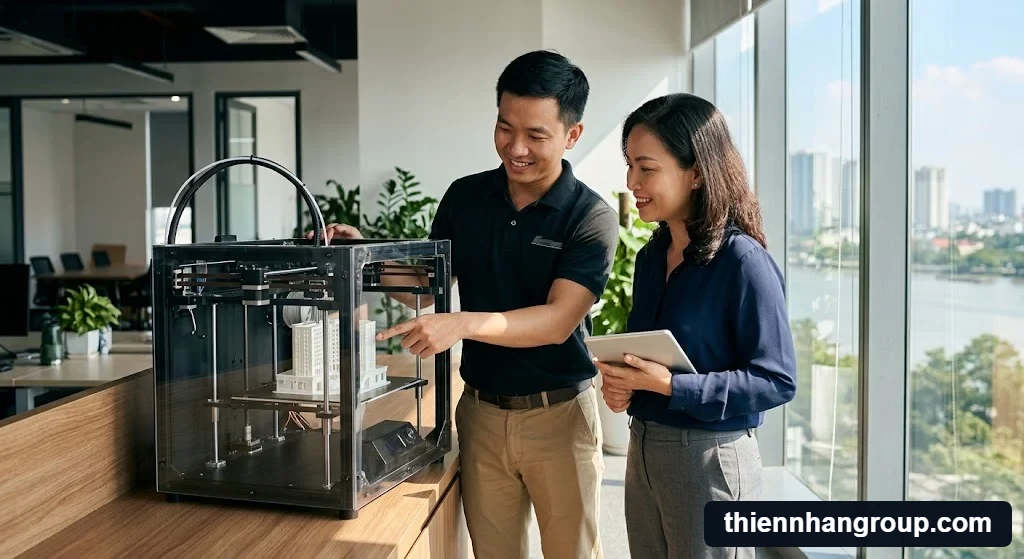 Chuyên gia Thiên Nhân tư vấn lắp đặt và giải thích máy in 3d corexy là gì.