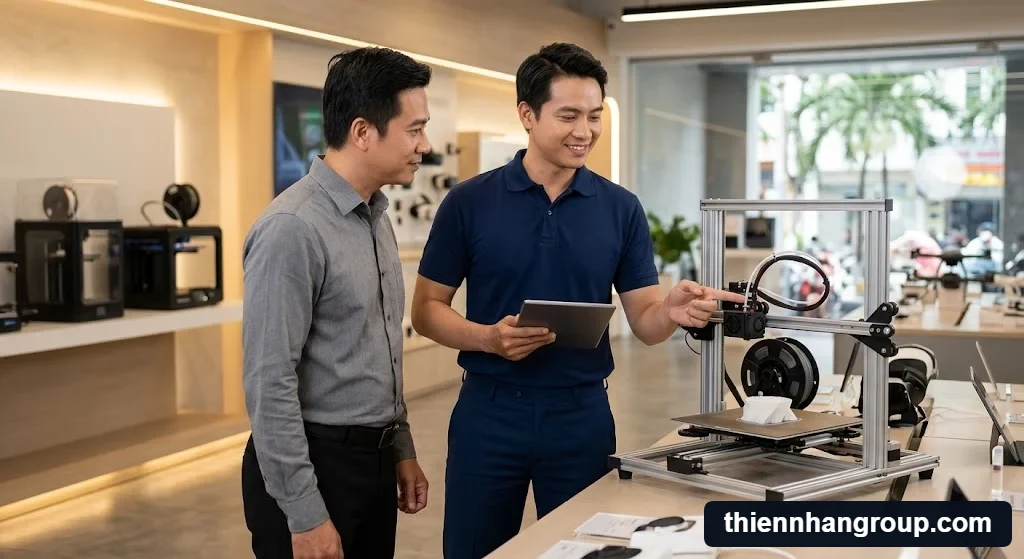 Kỹ thuật viên Thiên Nhân Group tư vấn máy in bedslinger là gì cho khách hàng tại xưởng.