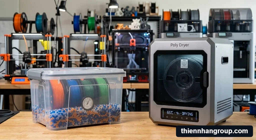 So sánh hộp hút ẩm và sấy nhiệt để xem máy sấy filament có cần thiết không.