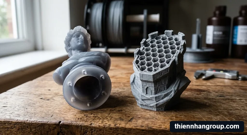 So sánh bản chất công nghệ FDM và Resin khi xem xét mô hình 3d nên đặc hay rỗng.