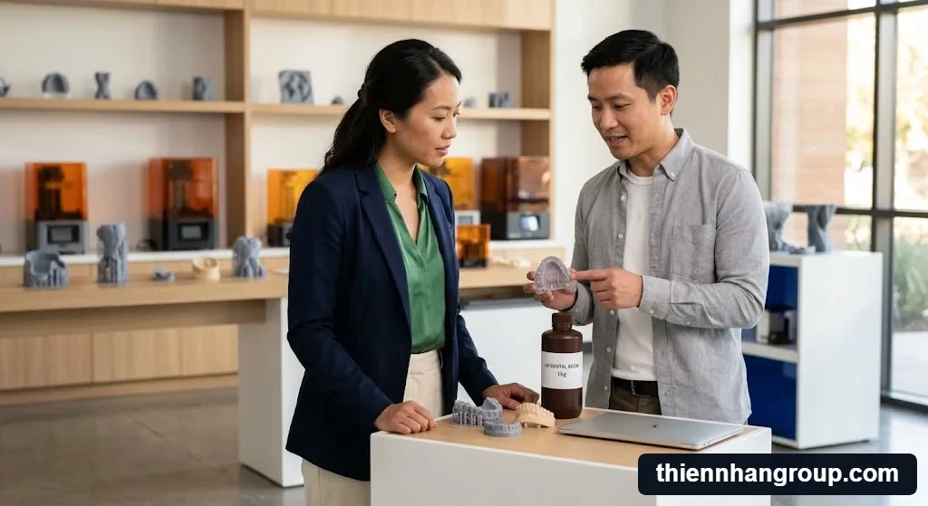 Kỹ thuật viên Thiên Nhân Group tư vấn một chai resin 1kg in được bao nhiêu cho khách hàng.
