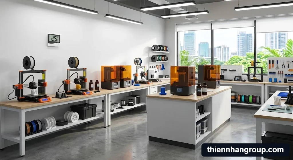 Hình ảnh tổng quan giải đáp nhiệt độ phòng ảnh hưởng máy in 3d không tại xưởng chuyên nghiệp.