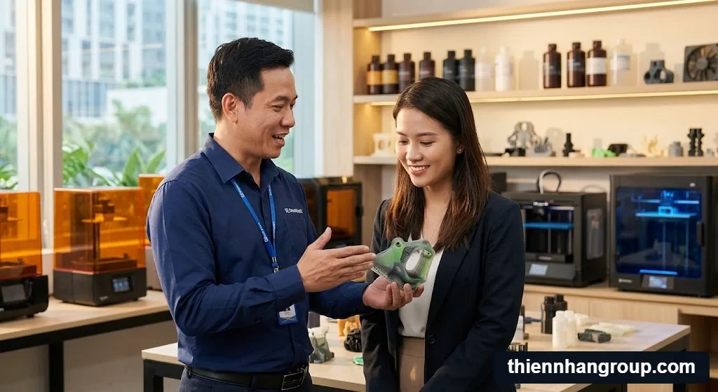 Kỹ thuật viên Thiên Nhân Group tư vấn trực tiếp giải pháp resin abs like là gì.