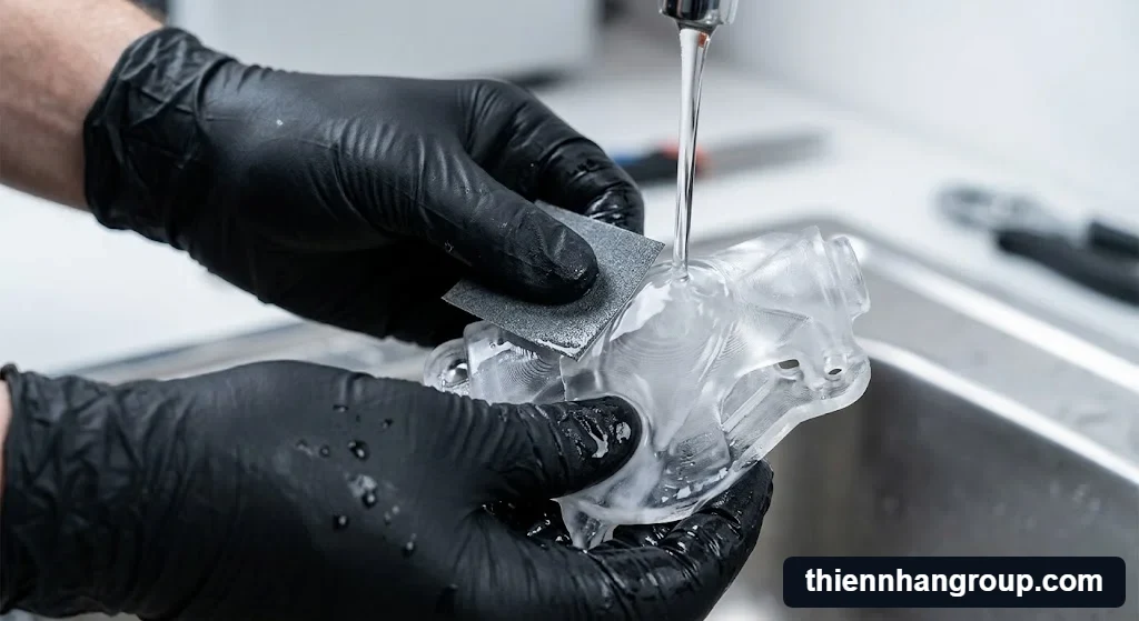 Chi tiết quy trình chà nhám nước và phủ bóng khi ứng dụng resin clear là gì.