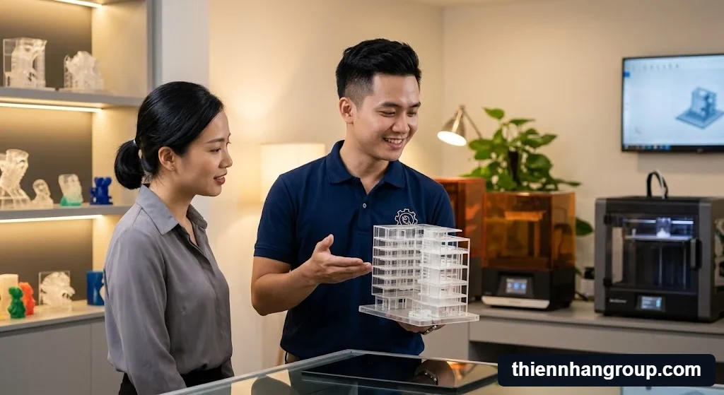 Kỹ thuật viên Thiên Nhân Group tư vấn giải pháp resin clear là gì cho khách hàng.