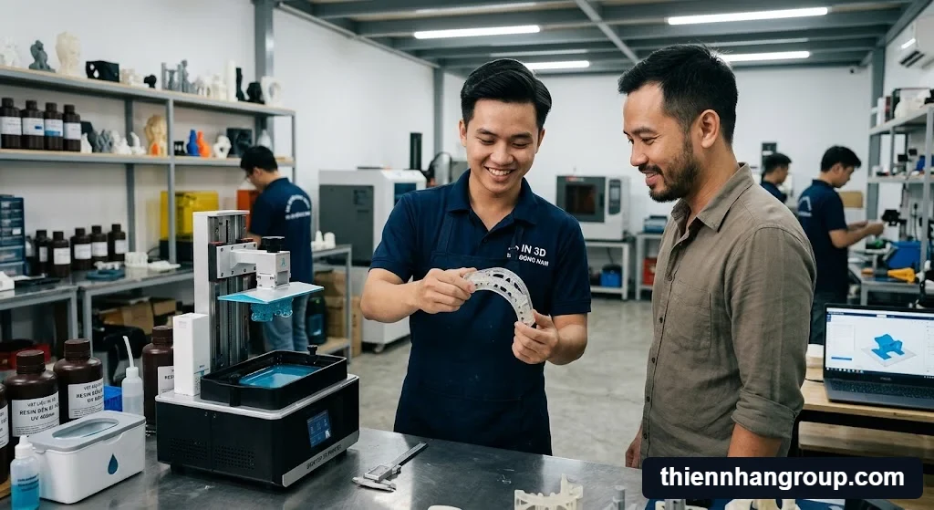 Chuyên gia tư vấn cách in và giải đáp nhựa resin durable là gì cho khách hàng.
