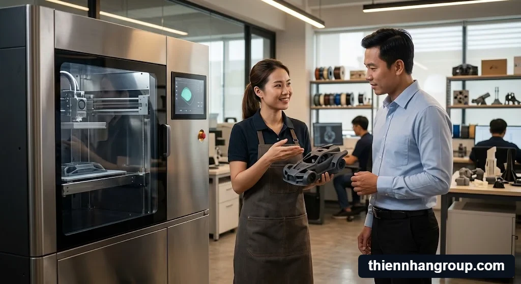 Kỹ thuật viên Thiên Nhân Group tư vấn trực tiếp resin high temp là gì cho khách hàng.