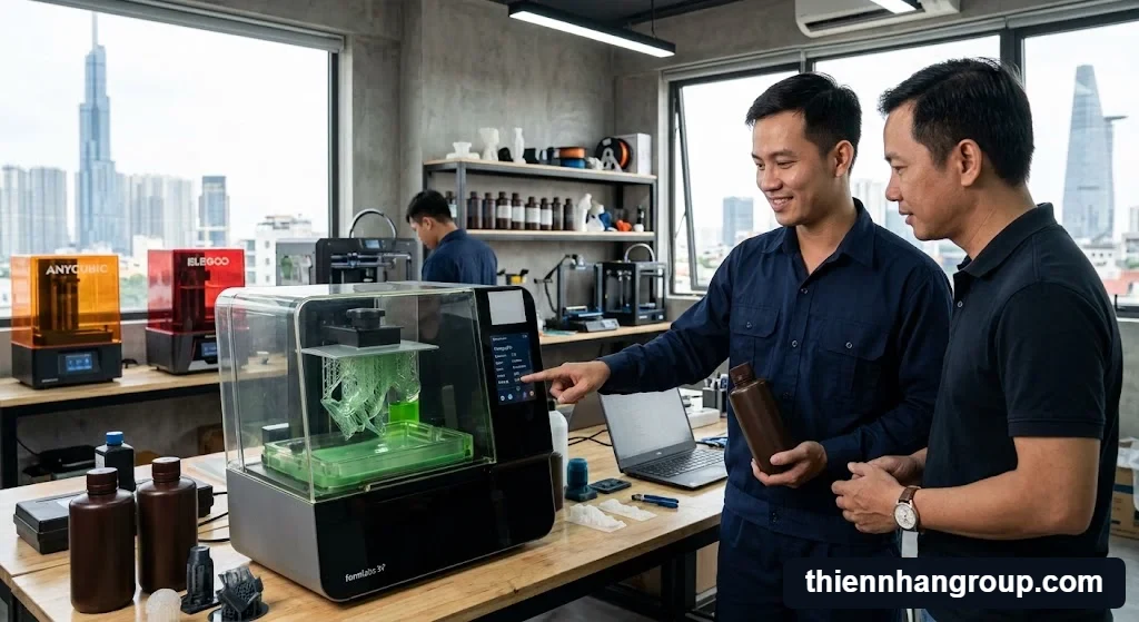 Kỹ thuật viên Thiên Nhân Group tư vấn thông số in resin plant based là gì.