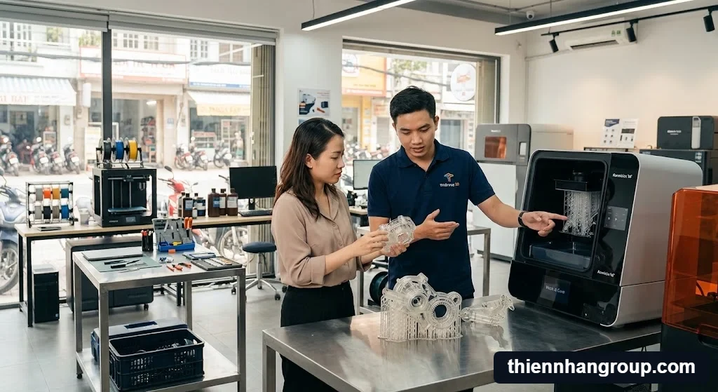 Kỹ thuật viên Thiên Nhân Group tư vấn quy trình hậu kỳ và giải pháp resin tough là gì.