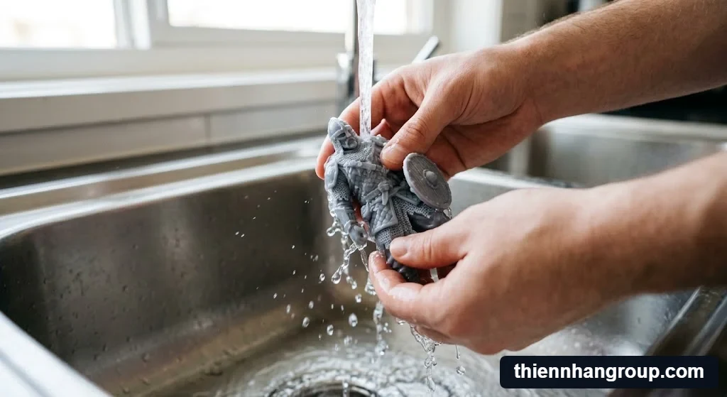 Tìm hiểu resin water washable là gì qua thao tác rửa mẫu in 3D bằng nước máy.