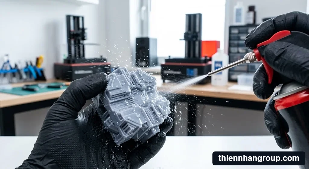 Thao tác thổi kiệt nước đọng để hiểu cách xử lý hậu kỳ resin water washable là gì.